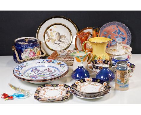 Sadler blue and gilt biscuit jar together with a pair of Japanese Satsuma dishes, Copeland low bowls, Devon Ware Art Deco jug