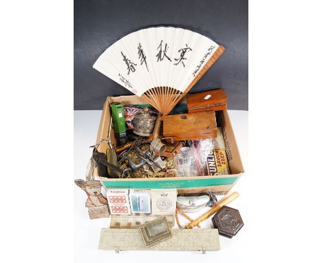 A box of mixed collectables to include cased weights, students microscope, prayer wheel, playing cards, hip flask....etc..