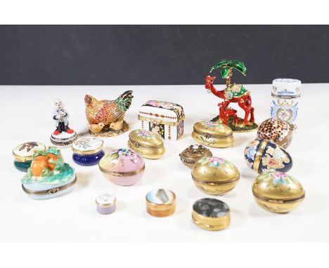 Collection of decorative pill boxes to include enamel, metal, shell, stone and ceramic examples etc (19) (1 box)