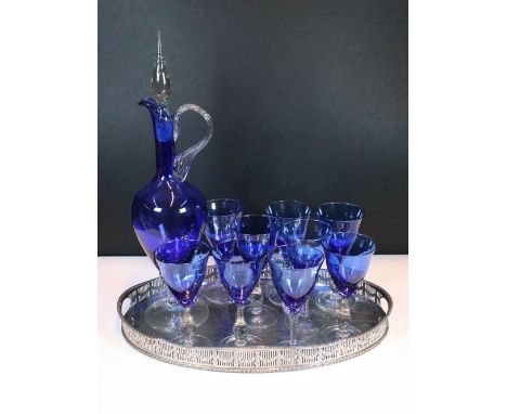 Viners silver plated serving tray with galleried edge, W 45cm to hold set of Italian blue glass wine glasses and decanter wit
