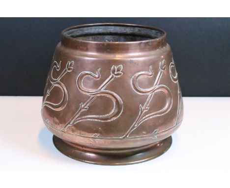 Late 19th century copper jardiniere planter pot with stylised plant design press, H 21cm, top 18cm diameter