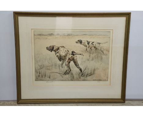 Henry Wilkinson (British, 1921 - 2011), study of two working dogs, hand coloured limited edition drypoint etching, signed in 
