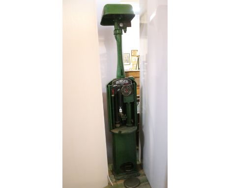 1920s Vintage Bowser petrol pump being green painted with 15 gallon dial and hand crank. Measures 206cm tall. 