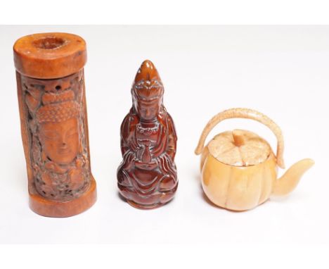 Three Oriental collectables to include bone miniature teapot, brush pot with buddha to side panel and glazed seated Buddha fi