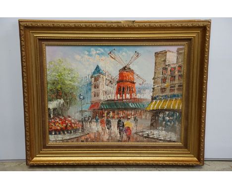 Impressionist school, view of Paris with figures and the Moulin Rouge, oil on board, 28.5 x 39cm, gilt framed