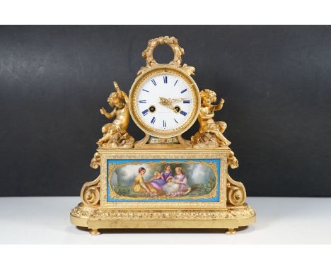 A 19th century ormolu and porcelain mounted mantel clock, signed “Lenoir A Paris”, the 3inch dial with a movement with outsid