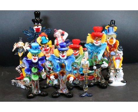 Assortment of mid 20th century Murano style coloured glass clown figurines together with ceramic examples (1 box) 
