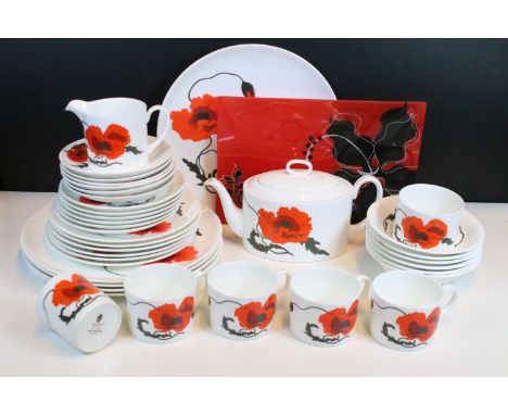 Wedgwood Susie Cooper Design, 'Corn poppy' C2176, 37 piece dinner set to include tea pot, plates, bowls and cups etc and a re