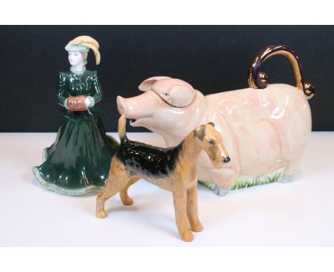 Andy Titcombe, Cornwall, 1994 novelty pig teapot, signed to base together with Coalport 'Ladies of Fashion' figurine, 'Harmon