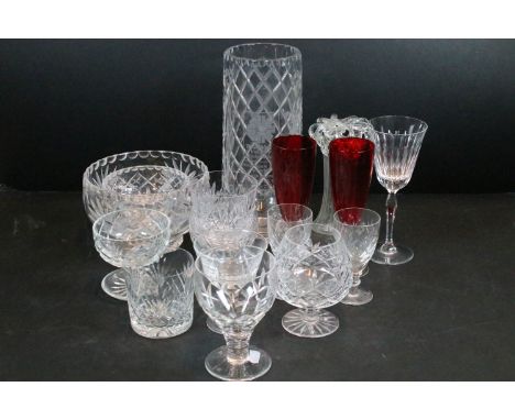 Quantity of assorted cut glass to include liqueur glasses, whisky tumblers, brandy glasses, scent bottle, rose bowls, cake st