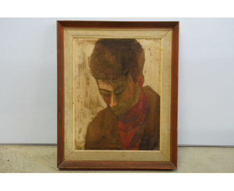 Jeanne, early 20th century head and shoulders portrait of a young man, oil on board, signed lower left, label verso relating 