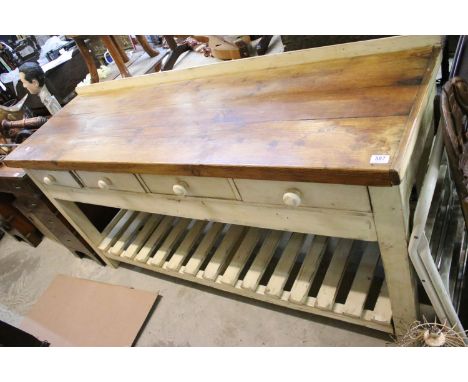 Vintage painted pine kitchen work table with four drawers and pot shelf, 91.5cm high x 179.5cm wide x 58cm deep