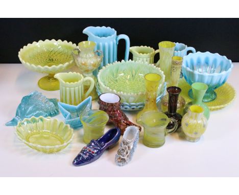 Group of pressed yellow and blue glass items to include bon bon dish, jugs, bowl etc together with an assortment of coloured 
