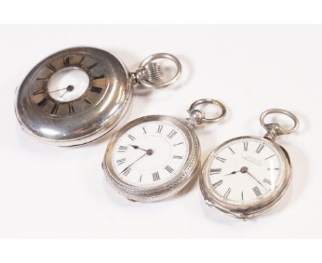 Group of three silver cased pocket watches to include a half hunter pocket watch (marked 935), American Waltham fob watch and