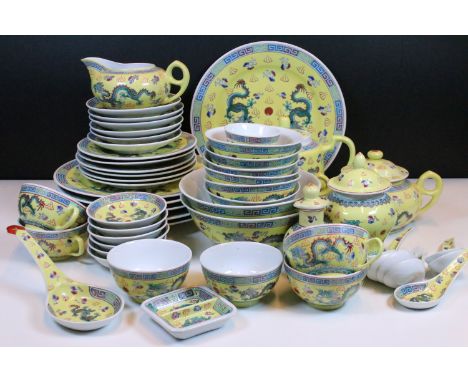 Chinese Famille Jaune dinner set with dragon detail, character marked to base to include tea pot, plates, cups, bowls, spoons