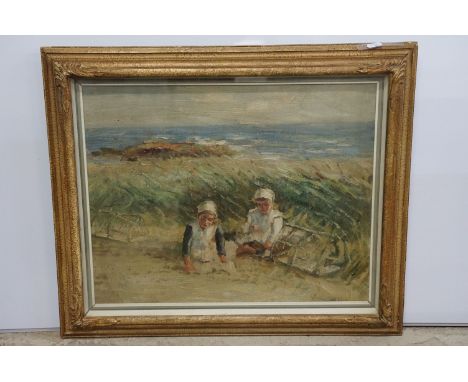 Impressionist school, Flemish scene with children - two girls on a sandy beach, oil, 40.5 x 51cm, gilt framed and glazed