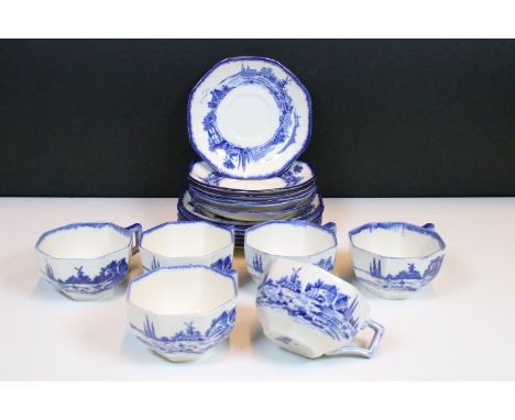 Early 20th century Royal Doulton Norfolk pattern blue and white tea cups, saucers and side plates (18 pieces)