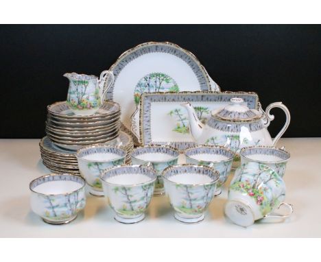 Royal Albert 29 piece 'Silver Birch' tea service to include plates, cups, jug, tea pot, sugar bowl, cake plate etc (1 box)