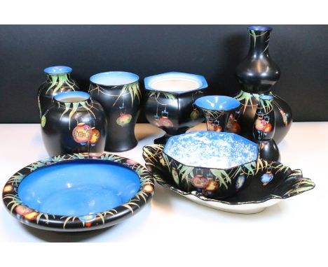 Early 20th century Crown Ducal black background 'Chinese Lantern' / 'Carnival' pattern assorted dishes and vases, 9 pieces (1