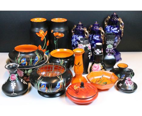 Selection of Art Deco Shelly Kingfisher pattern items to include rose bowl, candle holder, octagonal bowl, lidded red dish, e