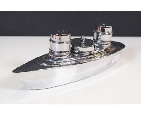 Art Deco chrome plated condiment set in the form of a cruise ship, the two funnels forming the salt and pepper pot, with cent