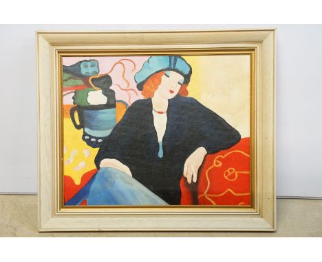 Portrait of a Deco lady of leisure seated, oil on board, 43 x 52.5cm, framed