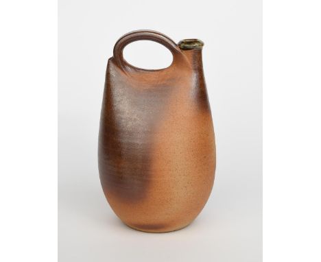 John Leach (born 1939) a tall Muchelney Pottery stoneware cider flagon, dated 1995, sack form with loop handle, salt glazed f