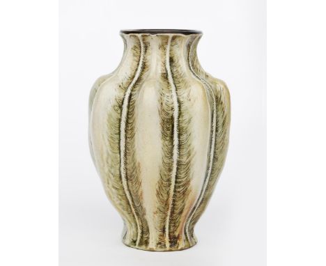 A tall Martin Brothers stoneware gourd vase by Edwin and Walter Martin,  dated 1900,  shouldered form, modelled with vertical