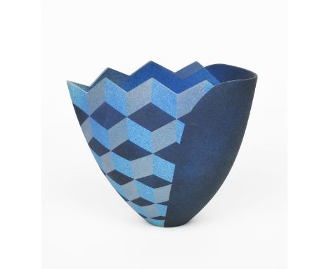 ‡ Jonathan Middlemiss (born 1949) a Boat  Vessel Series vase, cut and reformed thrown ceramic, with optical design in shades 
