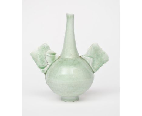 ‡ Colin Pearson (1923-2007) a winged porcelain bottle vase, ovoid with tapering neck, and two applied wing-handles, covered t