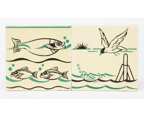 A Carter's Poole Pottery tile probably designed by Edward Bawden,  square section, printed with three fish swimming, in green