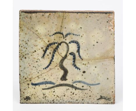 ‡ Bernard Leach CBE (1887-1979) a large Leach Pottery tile, painted with a weeping willow tree, in blue and tenmoku on an off