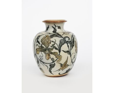 A Martin Brothers stoneware vase by Edwin and Walter Martin, dated 1896, shouldered ovoid form, incised with hummingbirds fly