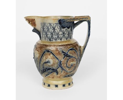 An early Martin Brothers stoneware jug by Robert Wallace Martin, dated 1874, shouldered from with angular buttressed handle, 