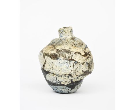 ‡ Ewen Henderson (1934-2000) a stoneware vase with applied slips,  ovoid  with collar rim,  textured banded surface in white 