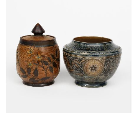 An early Martin Brothers stoneware tobacco jar and cover by Robert Wallace Martin, dated 1880, swollen cylindrical form, inci