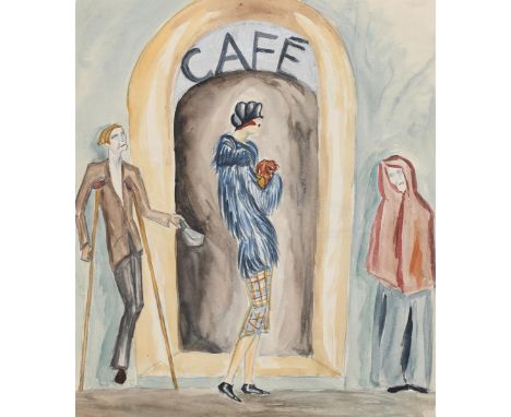 ‡ Dorte Clara Dodo Burgner (1907-1998) Cafe watercolour on paper, mounted with card, the reverse with painted portrait, unsig