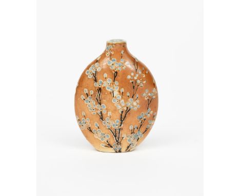 A rare Martin Brothers stoneware gourd perfume flask by Edwin and Walter Martin, dated 1906, flattened disc form, incised wit