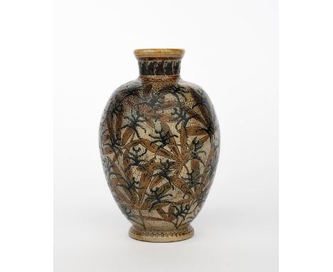 An unusual Martin Brothers stoneware vase by Edwin and Walter Martin, dated 1885, incised with stylised spiders on palm shape