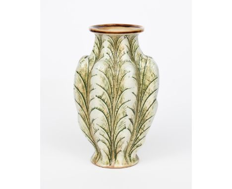 A tall Martin Brothers stoneware gourd vase by Edwin and Walter Martin, dated 1903, shouldered from, modelled with vertical r