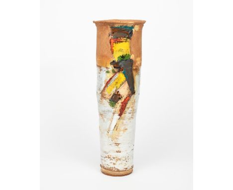 ‡ Robin Welch (born 1936) a tall, flaring cylindrical stoneware vase, with everted rim, painted with abstract landscape in ye