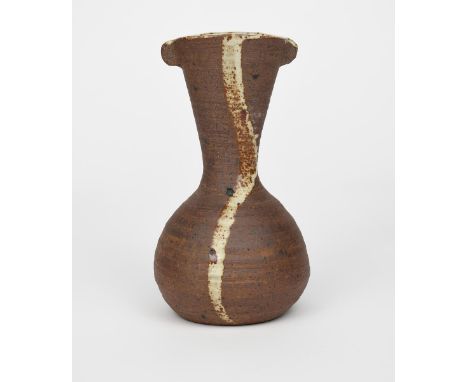 ‡ Janet Leach (1918-1997) a stoneware vase, ovoid with flaring neck and lug handles, with simple brushed ash motif to both si