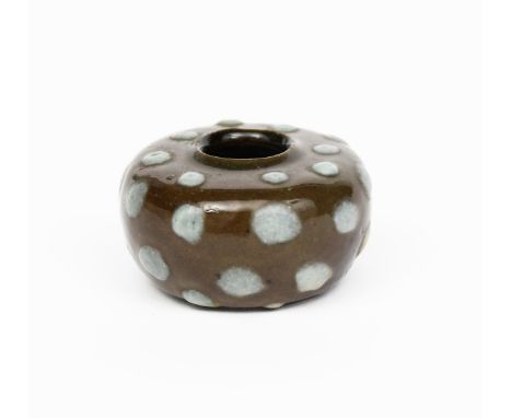 A Martin Brothers stoneware miniature gourd vase,  ovoid form, painted with blue slip spots on a deep olive green glaze incis