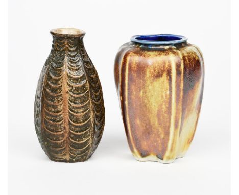 A Martin Brothers stoneware gourd vase by Edwin and Walter Martin,  swollen octagonal form with modelled ribs and horizontal 