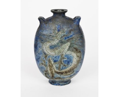 A Martin Brothers stoneware Dragon  flask  vase by Edwin and Walter Martin, dated 1914, the flattened body with twin-loop han