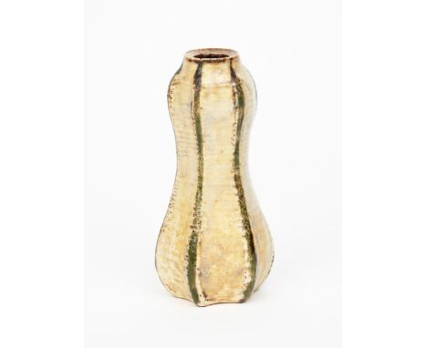 A Martin Brothers stoneware gourd vase by Edwin and Walter Martin, dated 1907, waisted hexagonal form, with painted green rib