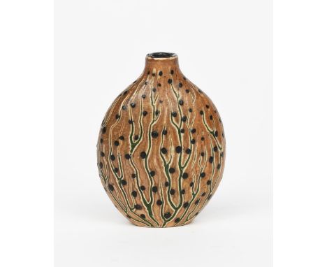 A Martin Brothers stoneware gourd perfume flask by Edwin and Walter, dated 1906, flattened disc form, incised with vertical v