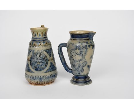 An early Martin Brothers stoneware jug by Robert Wallace Martin, shouldered, tapering cylindrical form, incised with a classi