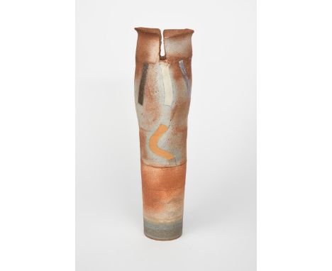 ‡ Robin Welch (born 1936) a tall, swollen cylindrical stoneware vase with split rim,  incised geometric Aboriginal landscape 