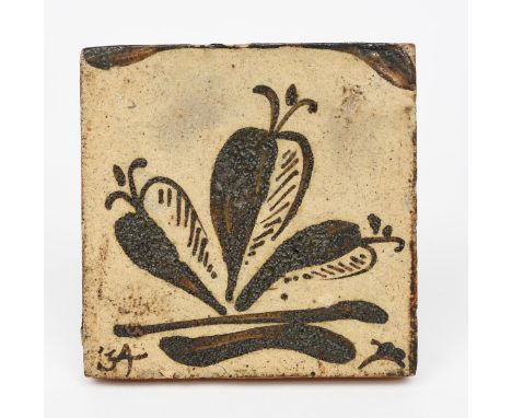 ‡ Bernard Leach CBE (1887-1979) a stoneware tile dated 1934, painted with an exotic flower in tenmoku on an oatmeal ground, p